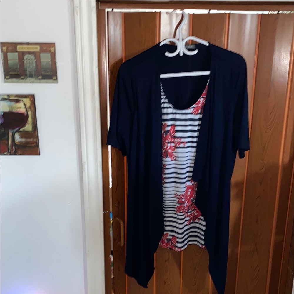 Vintage Navy Cardigan with Striped Floral Top 1X Addition Elle.